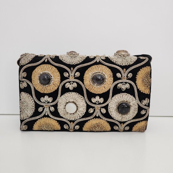 Vintage Evening Bag Jewel Beaded Black Ember Stones Embroidered 60\'s Clutch